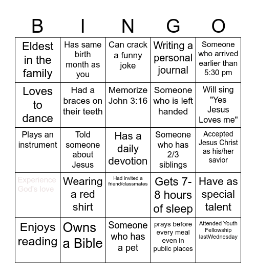 Youth Fellowship Edition Bingo Card