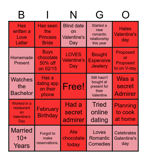 Valentine's day Bingo Card