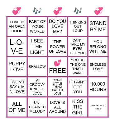 Valentines Music Bingo Card