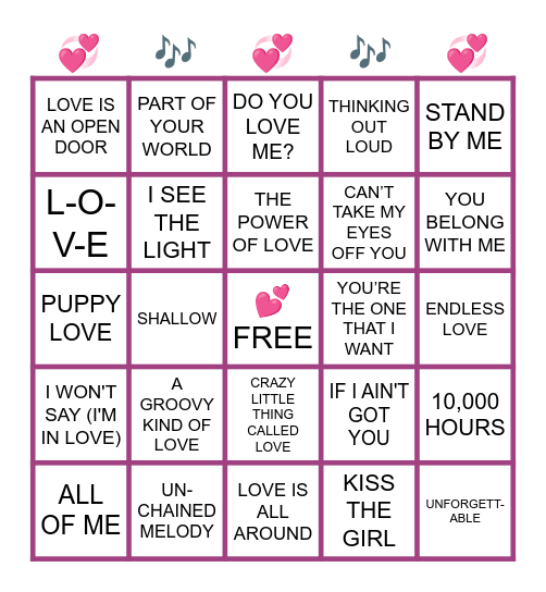 Valentines Music Bingo Card