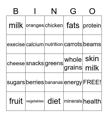 Healthy Eating Bingo Card