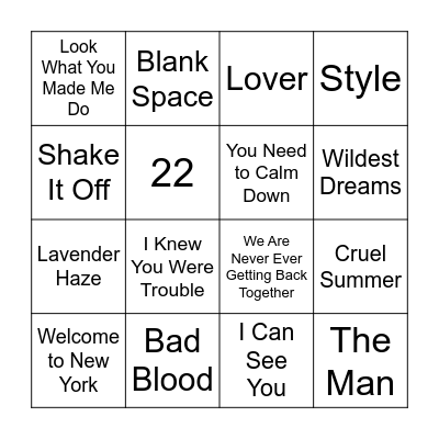 Taylor Swift Bingo Card