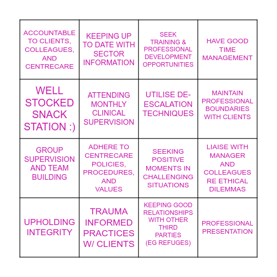 Professionalism @ Centrecare Bingo Card