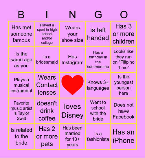 Find The Guest Bingo Card