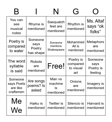 Ted Ed Poetry Bingo Card