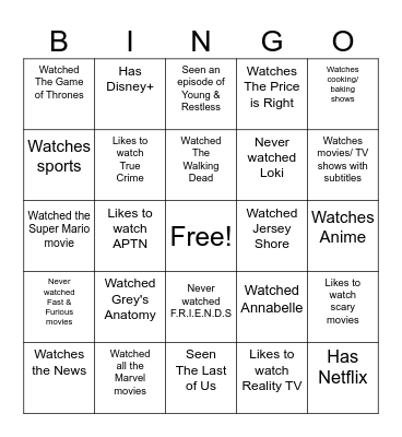 Movies/ TV Shows Bingo Card