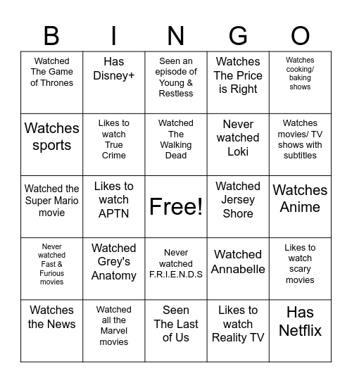 Movies/ TV Shows Bingo Card