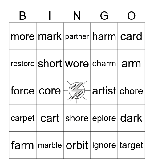 AR, OR, ORE words Bingo Card