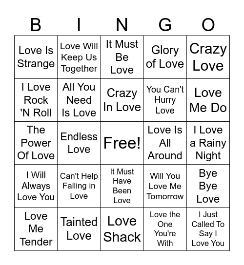 "LOVE" Song Bingo Card