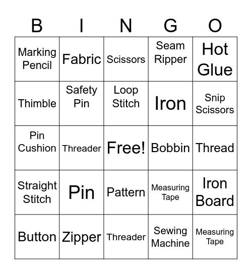 Sewing Bingo Card
