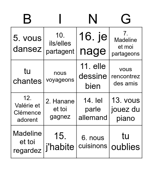 Conjugaison de verbes réguliers en ER Bingo Card