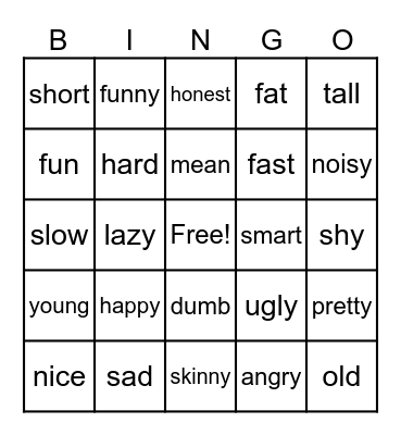 Adjective Bingo Card
