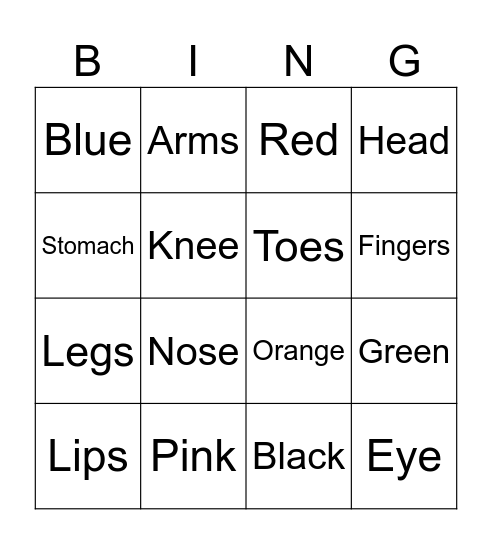Body and Color Bingo Card