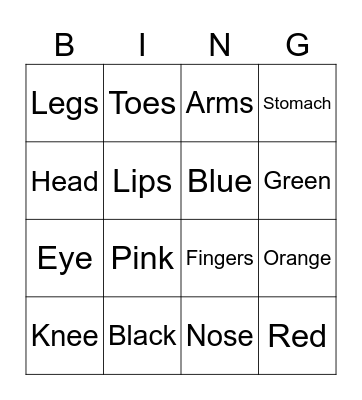Body and Colors Bingo Card