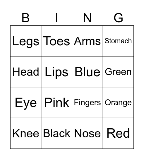 Body and Colors Bingo Card