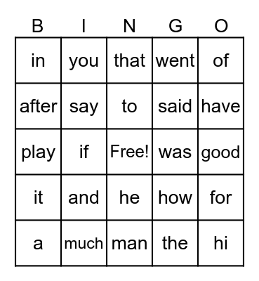 1st Grade Sight Words Bingo Card