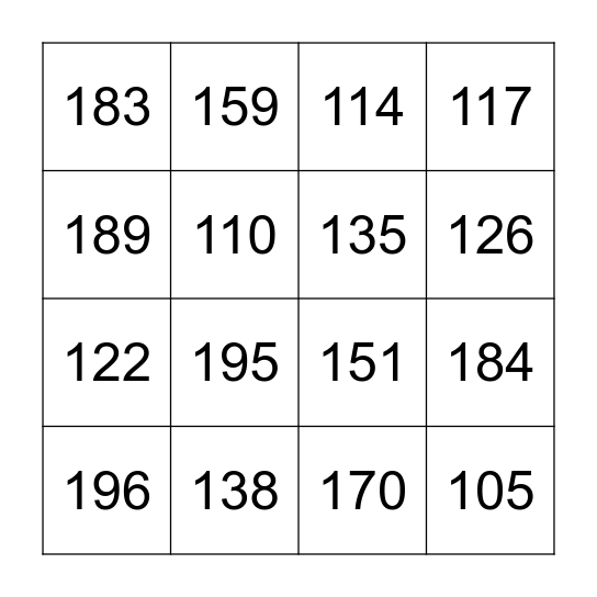 100 to 200  Bingo Card