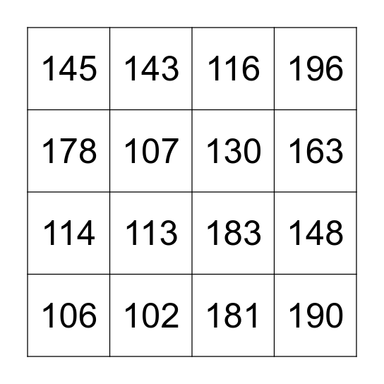 100 to 200  Bingo Card