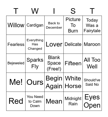 Taylor Swift- Twist Bingo Card