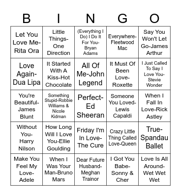 Love Songs Bingo Card