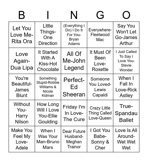 Love Songs Bingo Card