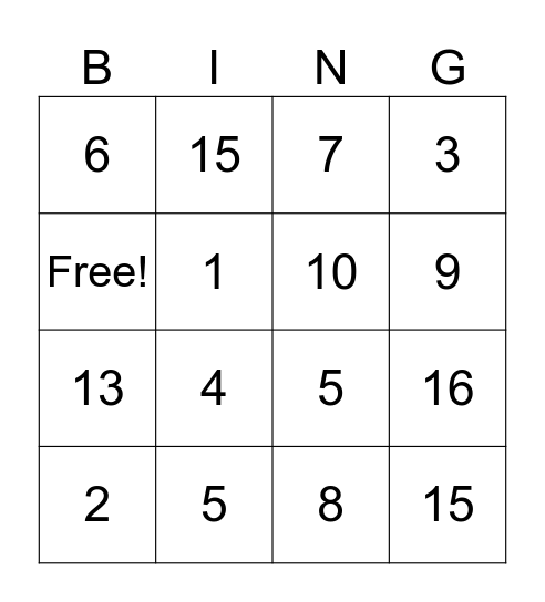 Math Group 3 Bingo Card