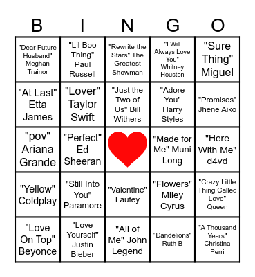 Musical Bingo: Valentine's Day Bingo Card