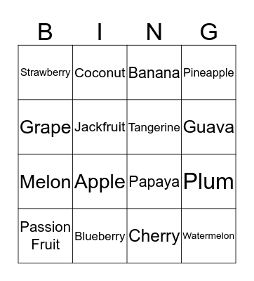 English Fruit Bingo Card
