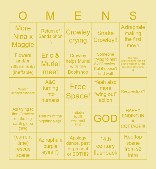 S3 Predictions Bingo Card