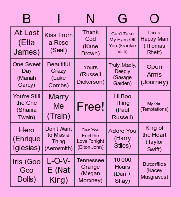 Love Song Bingo Card