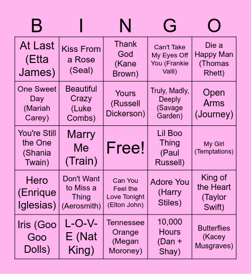 Love Song Bingo Card