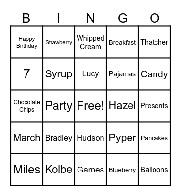 Bradley's Birthday BINGO Card
