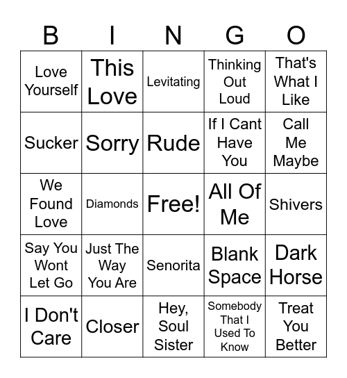 Pop Love Songs Bingo Card