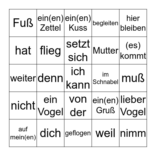 Kommt ein Vogel geflogen Bingo Card