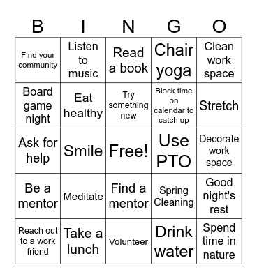 Self-Care Bingo Card