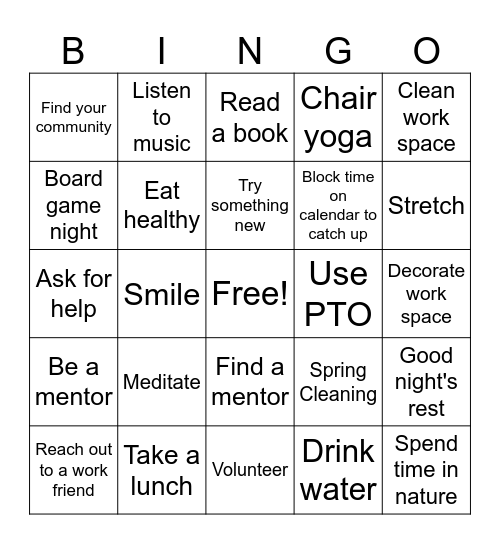 Self-Care Bingo Card