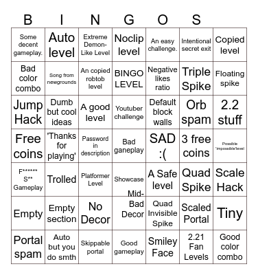GD: Recent Level Bingo Card