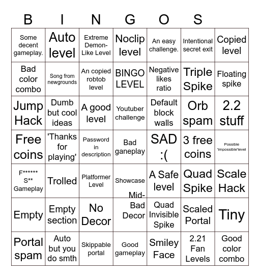 GD: Recent Level Bingo Card