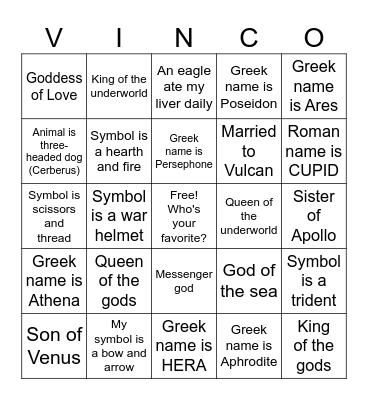 Mythology Museum Bingo Card