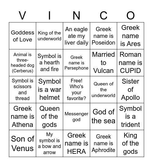 Mythology Museum Bingo Card