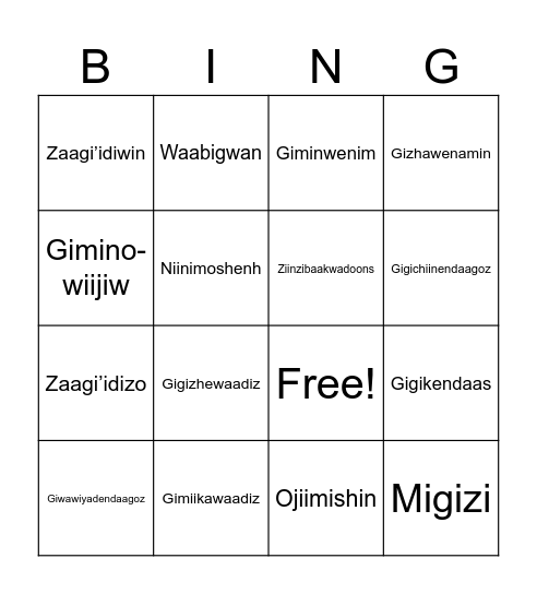 Valentines day - Ojibwe Bingo Card