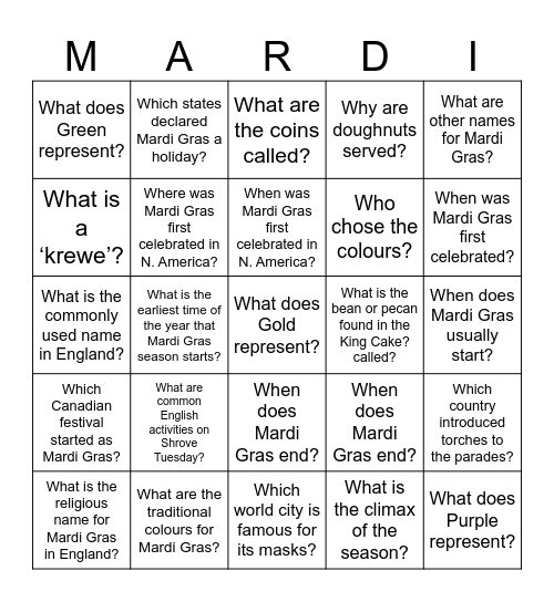 Mardi Gras Trivia Bingo Card