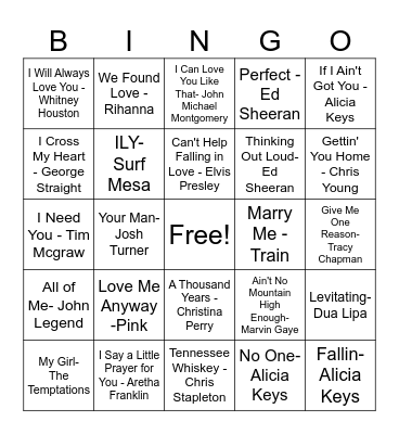 Love Song Bingo Card