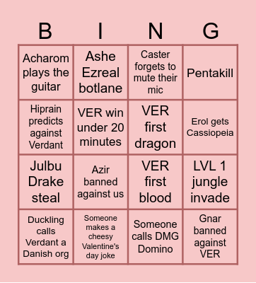 Valentine's day NLC bingo - NTZ vs VER Bingo Card