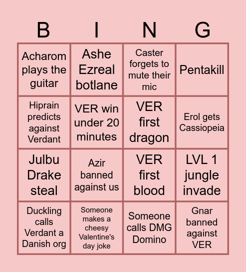 Valentine's day NLC bingo - NTZ vs VER Bingo Card