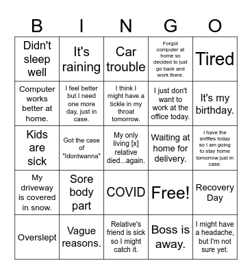 Working from Home or Absence Bingo Card