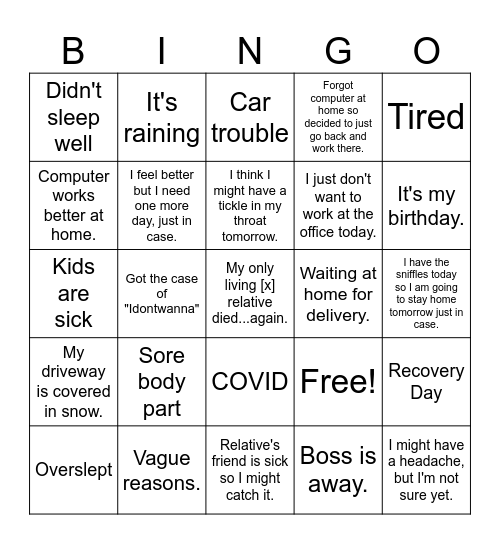 Working from Home or Absence Bingo Card