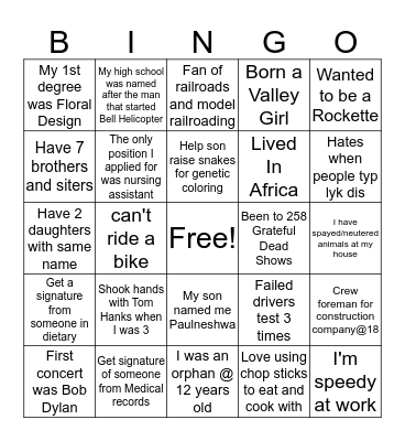Co-Worker Tid-Bits Bingo Card