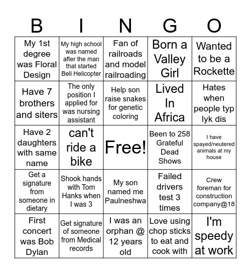Co-Worker Tid-Bits Bingo Card