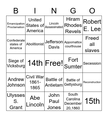Civil War and Reconstruction Bingo Card
